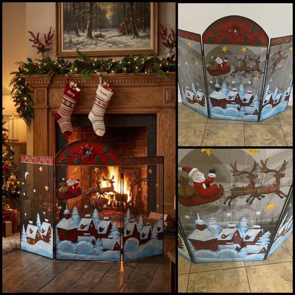 Festive Santa and Reindeer Metal Fireplace Guard Trifold Screen Christmas 33”H